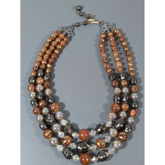 Vintage Iridescent Brown Lucited Bead Triple Strand Necklace 17" Choker - Picture 3 of 10